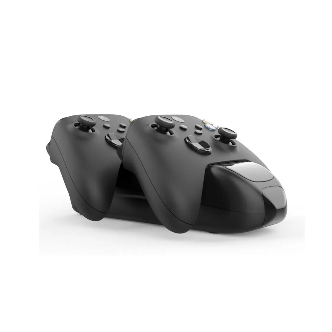 Black Xbox Series X wireless controller charging station showing two controllers docked with LED indicators visible