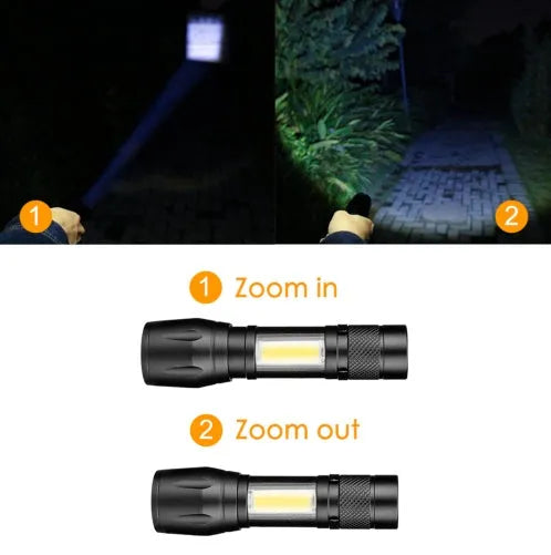 Black aluminium mini LED flashlight with telescopic zoom and belt clip showing three lighting modes