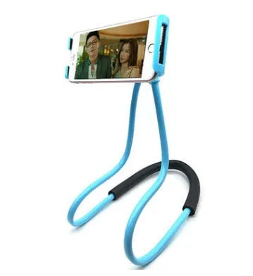 Universal white phone neck holder with 360-degree rotating clamp mounted on a smartphone