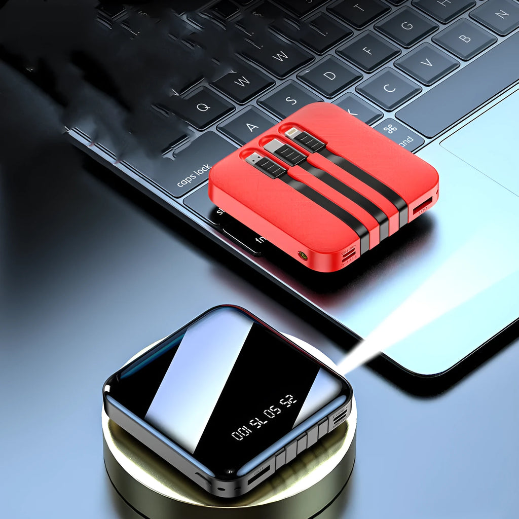 Black or red power bank with built-in charging cable showing compact 80mm square design