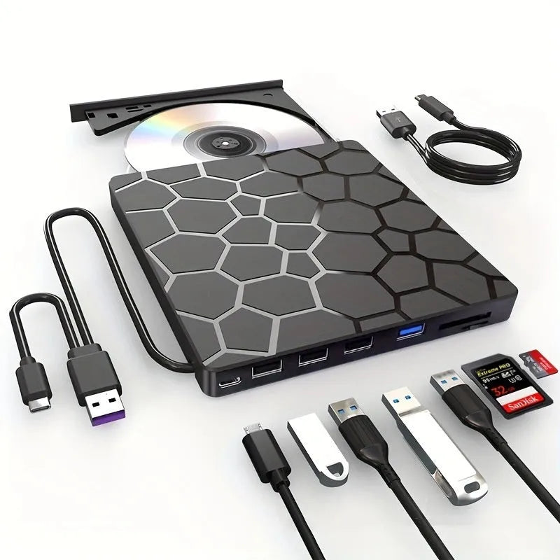 Black external USB CD drive and writer with compact 15.5 cm design