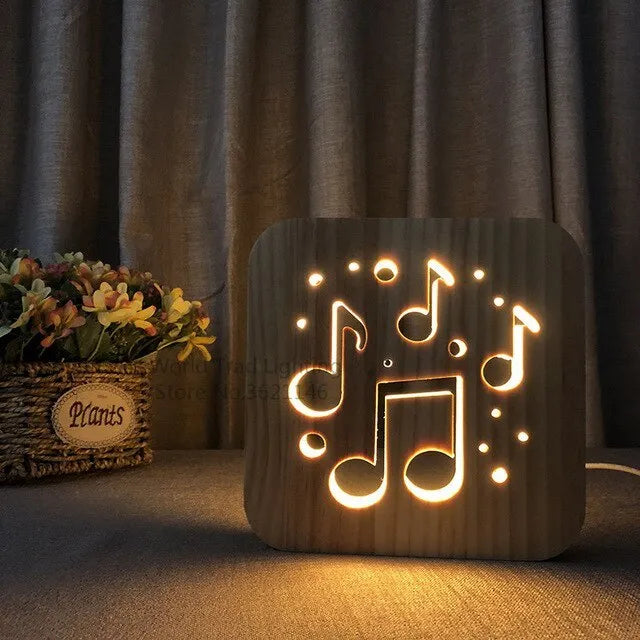 Pine wood USB-powered LED atmosphere lamp with warm white light, dimensions 19x19x3cm.