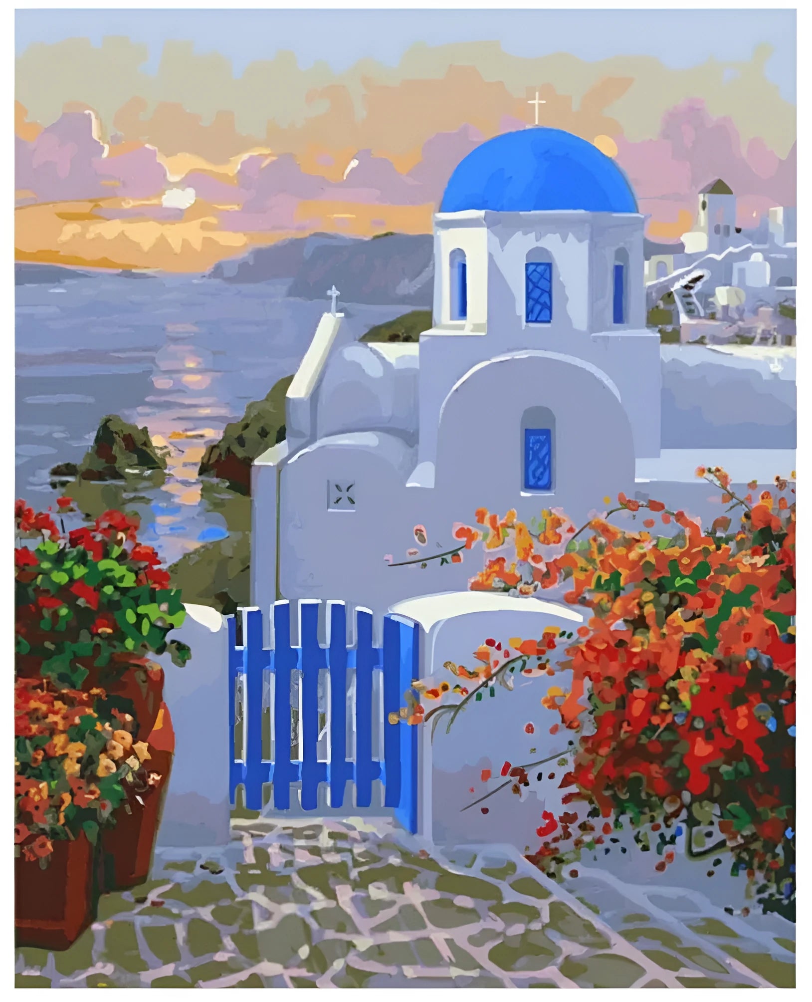 DIY digital oil painting kit showing sea view villa pattern on 40x50cm linen canvas with paints and brushes