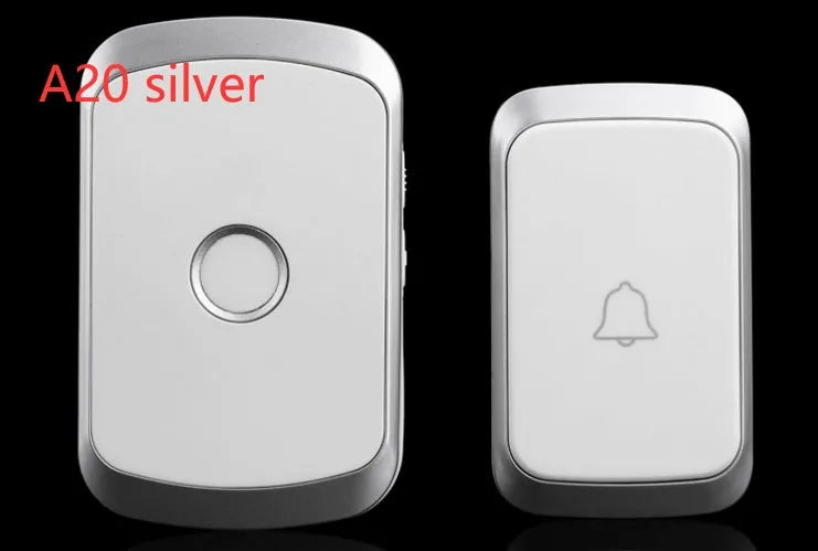 Wireless doorbell receiver and push button transmitter with colour options of black, white, silver, and gold.