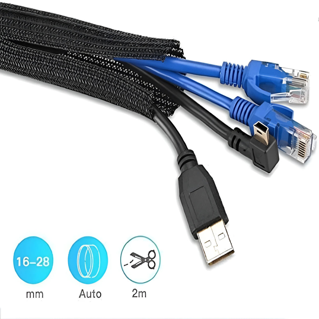 Black self-winding mesh cable sleeve for automotive wire protection with VW-1 fire rating