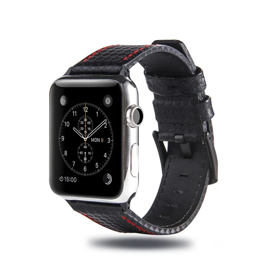 Carbon fibre leather Apple Watch strap showing red, black, orange, and blue line colour options