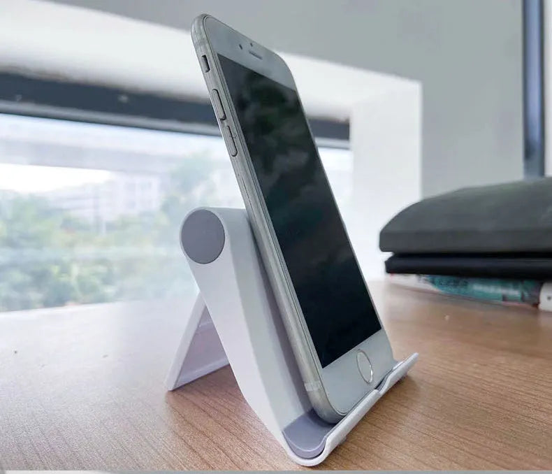 Black PE folding phone and tablet stand shown at an angle on a white background.