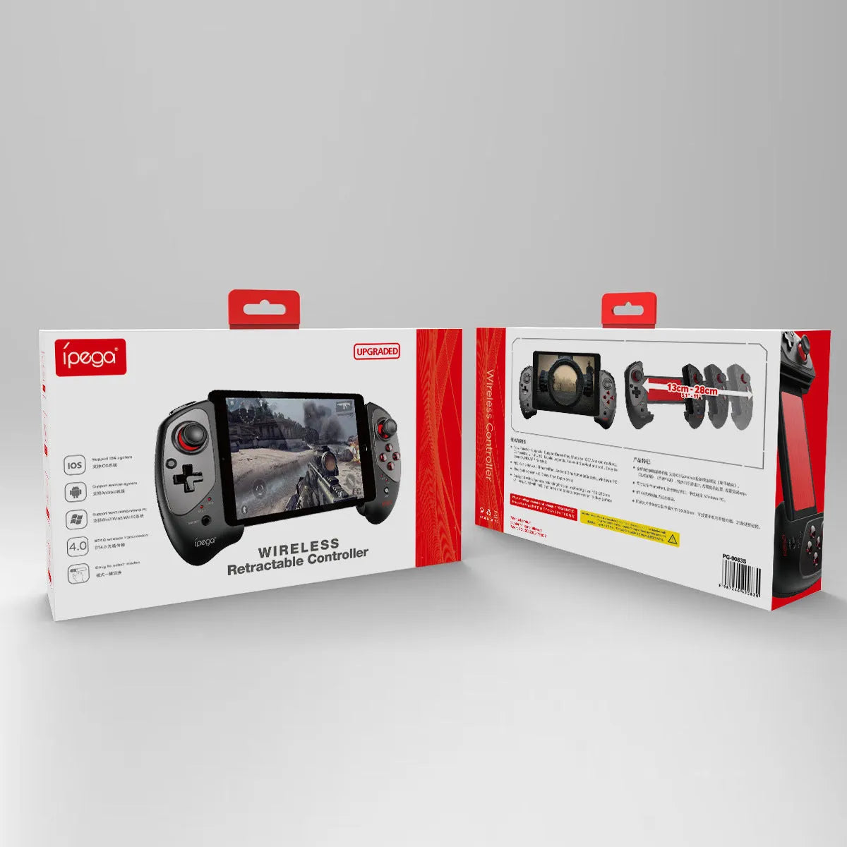Red telescopic Bluetooth gamepad controller extended with smartphone showing Android and iOS compatibility