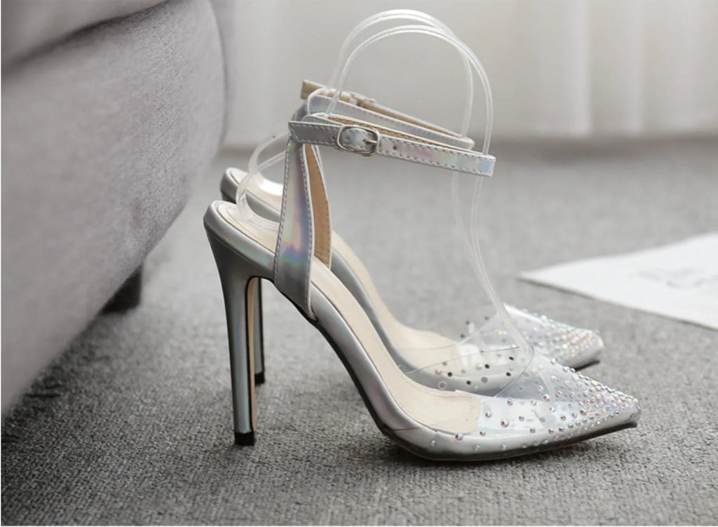 Women's pointed toe diamond sandals with stiletto heels and adjustable ankle strap