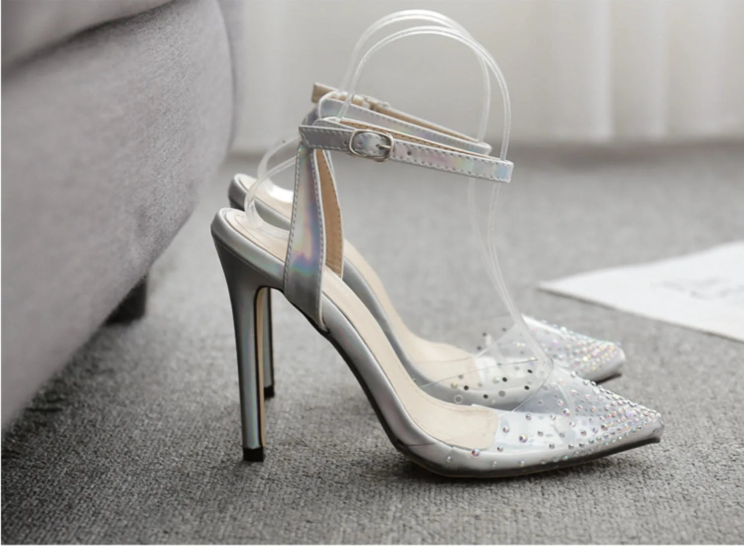 Women's pointed toe diamond sandals with stiletto heels and adjustable ankle strap