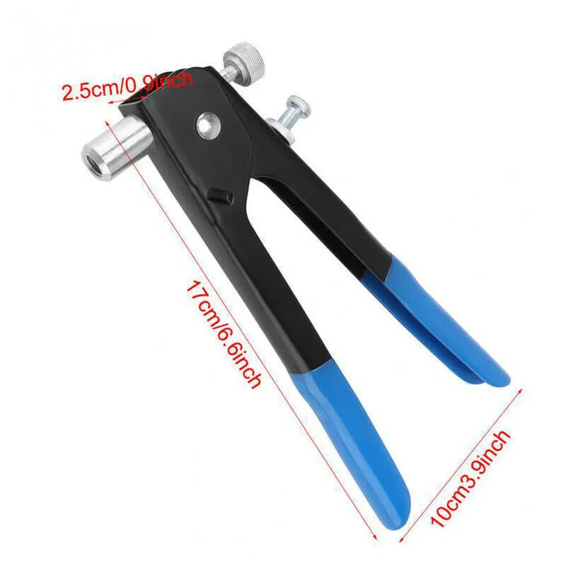 Manual hand riveter gun with an assortment of alloy steel rivet nuts and mandrels on a workbench.