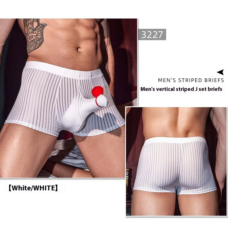 Men's black striped boxer briefs made from elastic nylon fabric.
