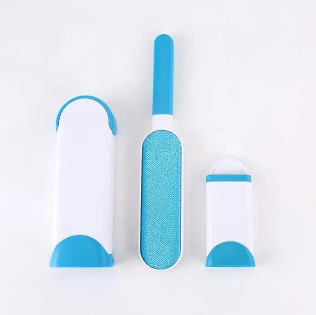 Blue reusable pet hair removal comb with a double-sided sticky brush and self-cleaning base.