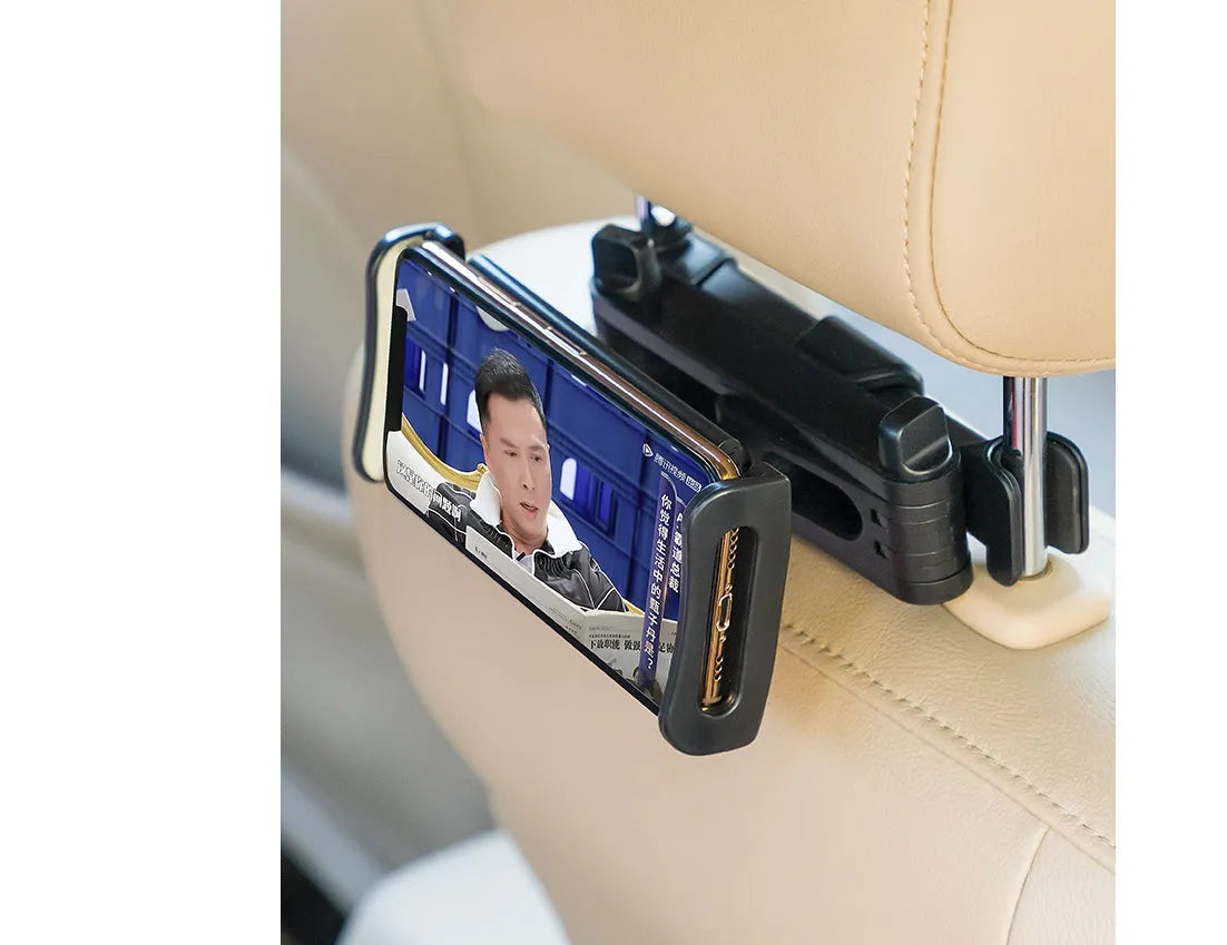 Black universal car phone and tablet holder mounted on a car rear seat base.