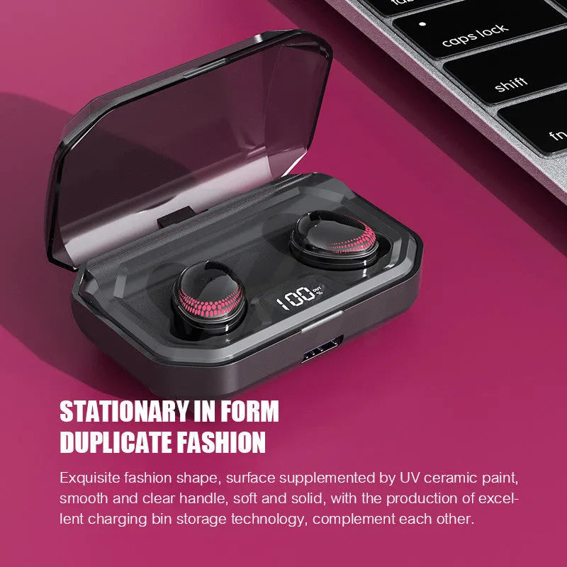 Black X10 Bluetooth wireless headset with its charging case on a white background