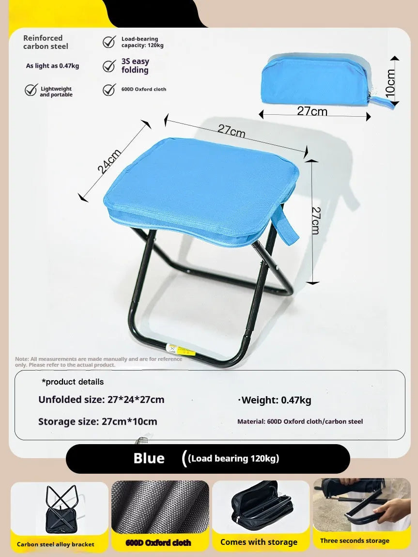 Foldable outdoor camp stool in Oxford cloth shown in a khaki colour, collapsed in its flat pencil box design.