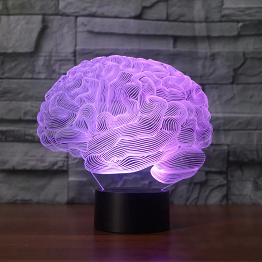 3D acrylic brain sculpture LED desk lamp with colour-changing lights on a black ABS base.