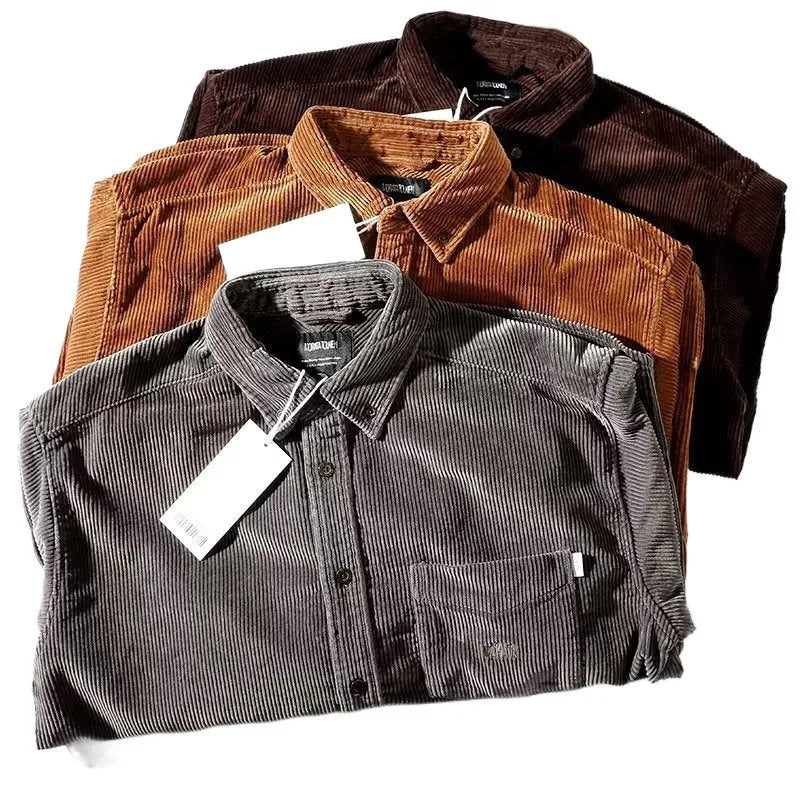 Loose fit corduroy long sleeve shirt in caramel colour with cardigan style design