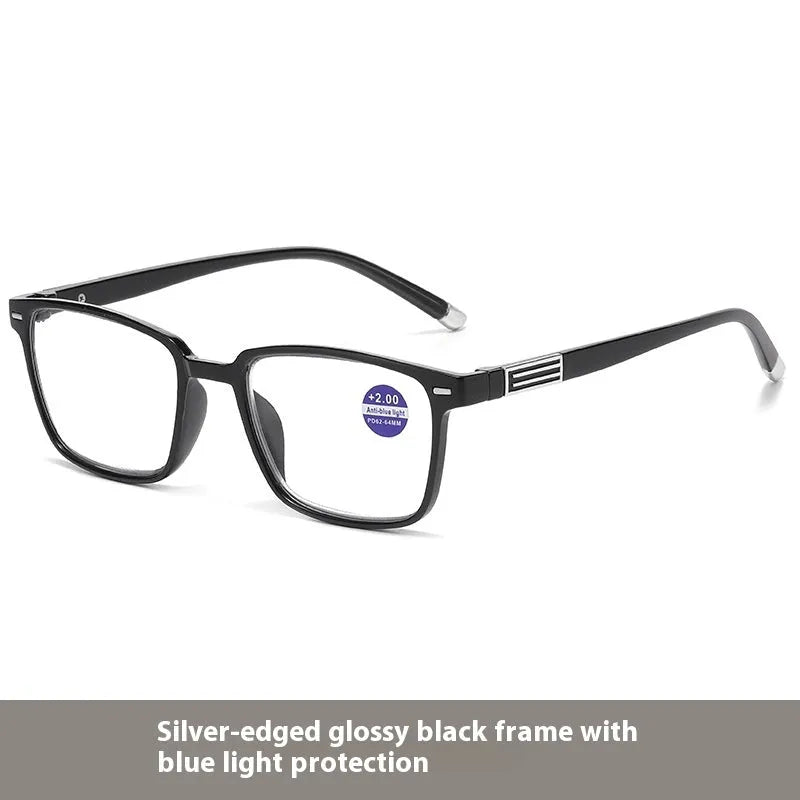 Multifocal reading glasses with anti-blue light and photochromic lenses in black frame with gold accents