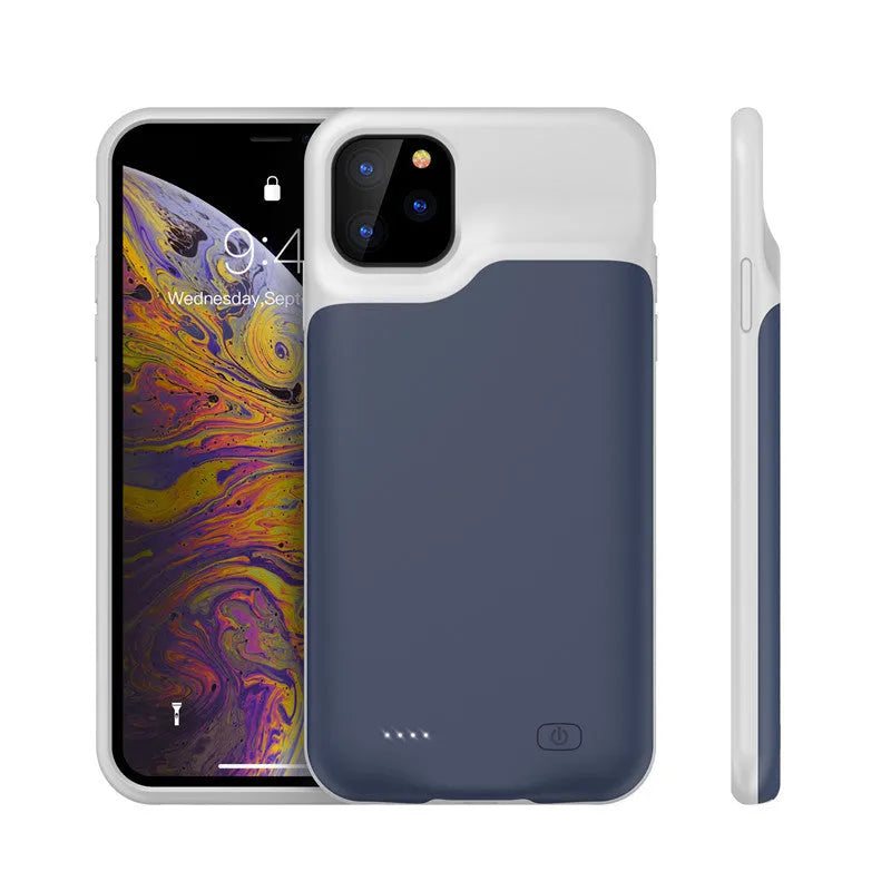 Shockproof silicone iPhone battery charger case in black, blue, pink, or white colours showing extended battery capacity.
