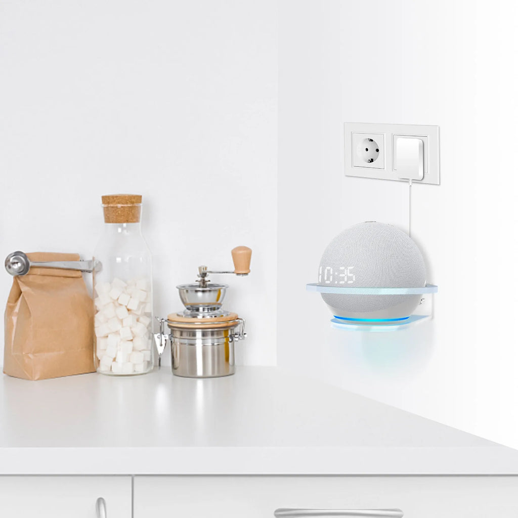 White plastic wall mounting bracket for Echo DOT 4 smart speaker showing mounting holes