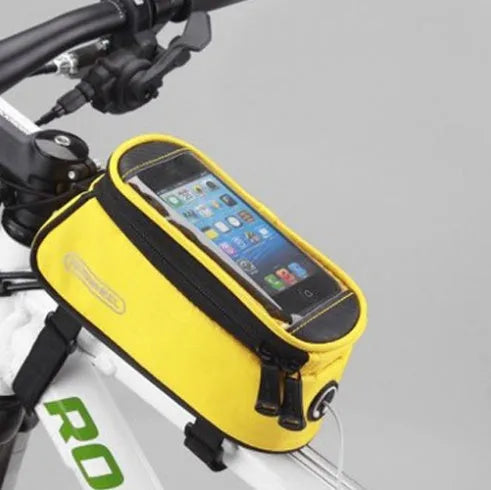 ROSWHEEL black PVC bicycle frame bag mounted on a bike, holding a mobile phone.