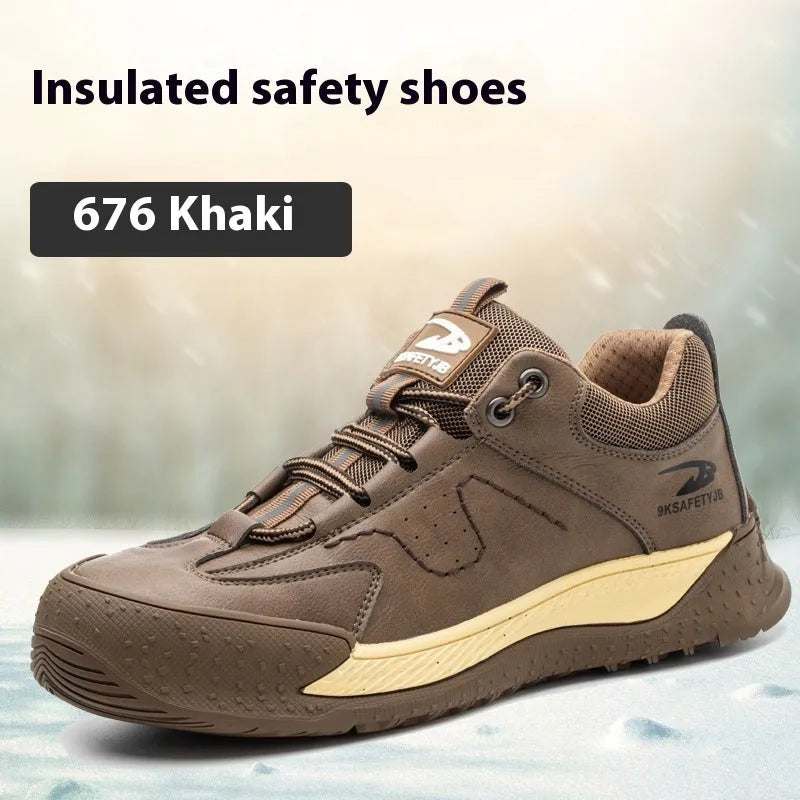 Flyknit leather work safety shoes with rubber sole in black, available sizes 36-46