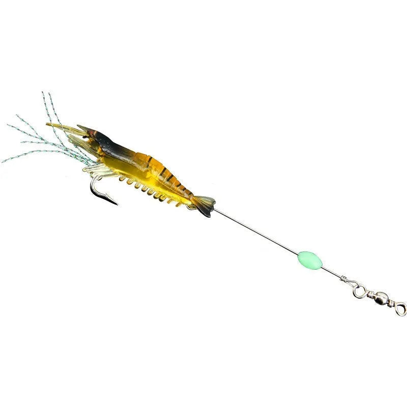 Six soft fishing lures with hooks in different colours including luminous and transparent variations