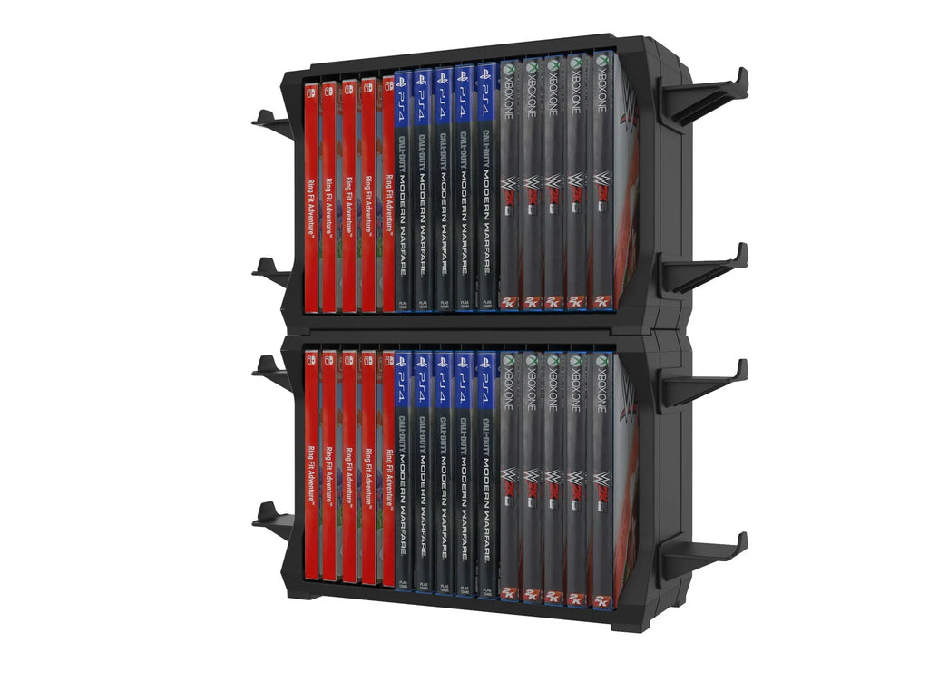 Black PS5 and Xbox Series X disc holder with controller stand storing game cases