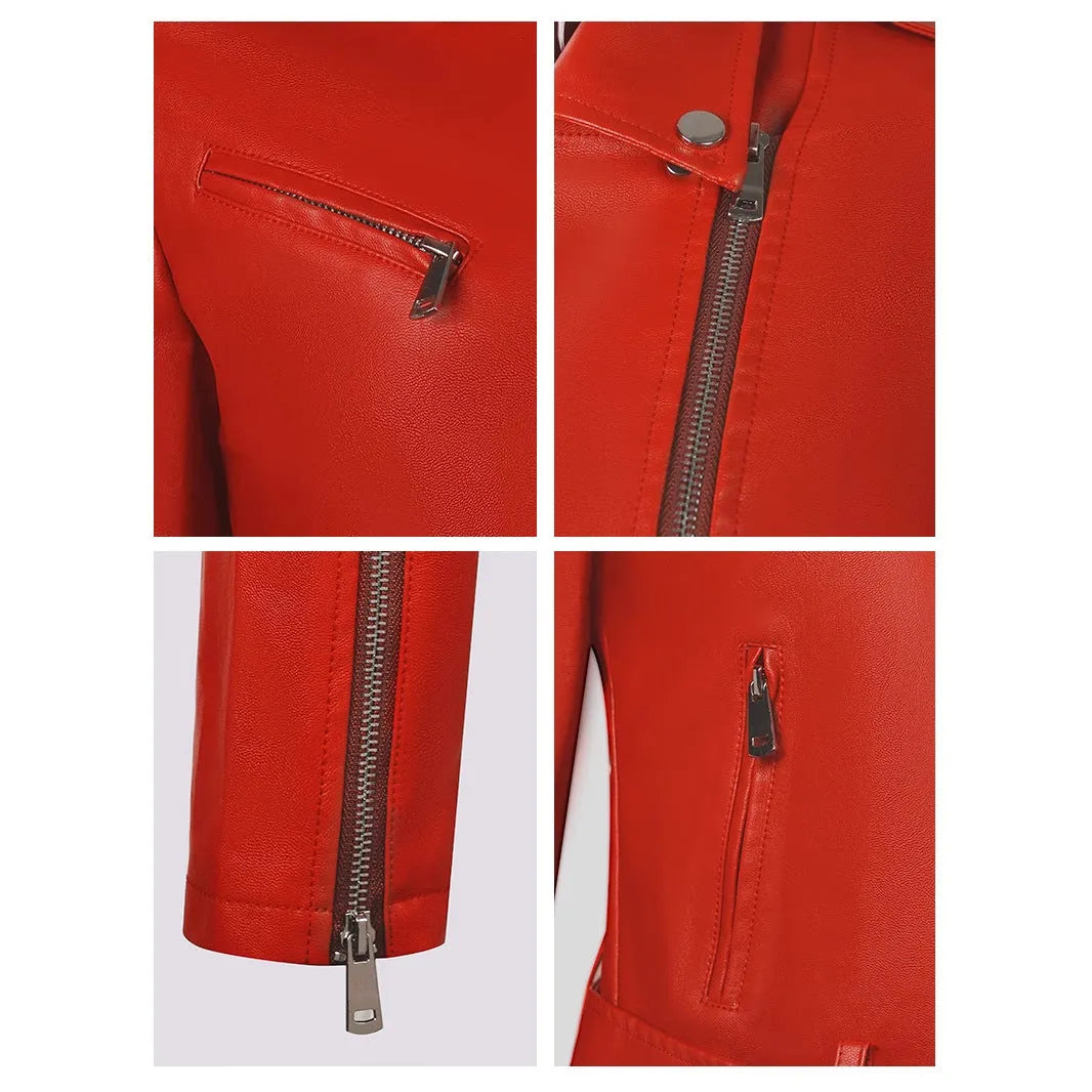 Women's black PU leather motorcycle jacket with lapel collar and decorative belt