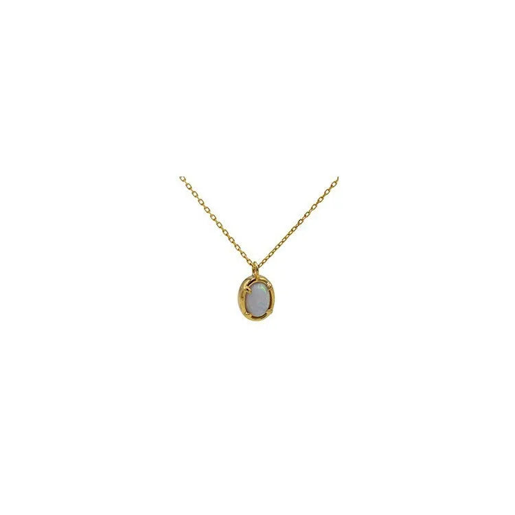 Geometric S925 silver plated pendant necklace with oval jelly opal stone in gold tone setting