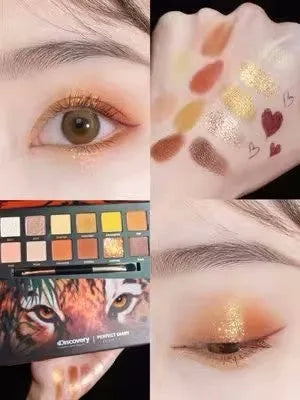 Explorer twelve-colour animal eye shadow palette open, showing pressed powder shades including cat, golden tiger and red fox.