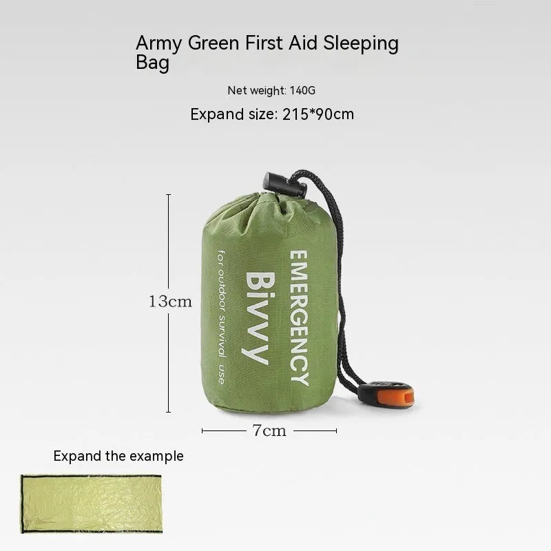 Orange portable disaster relief tent kit with sleeping bag and emergency blanket laid out.