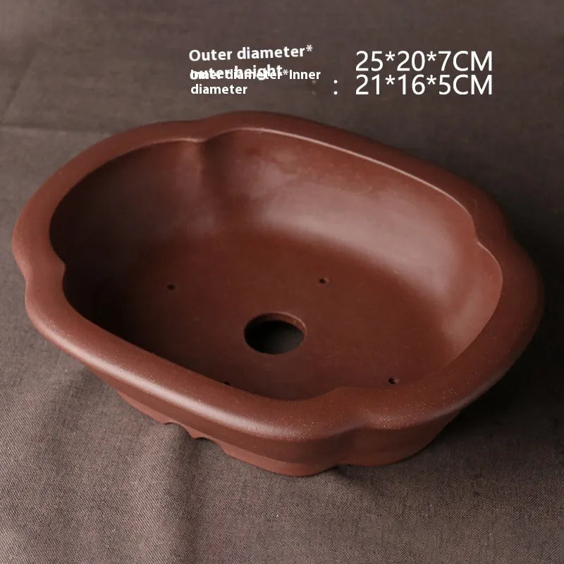 Handmade purple clay Chinese bonsai basin with classical plain design measuring 25x20x7cm
