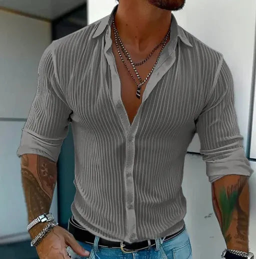 Men's striped long sleeve cardigan shirt in British style loose fit on hanger