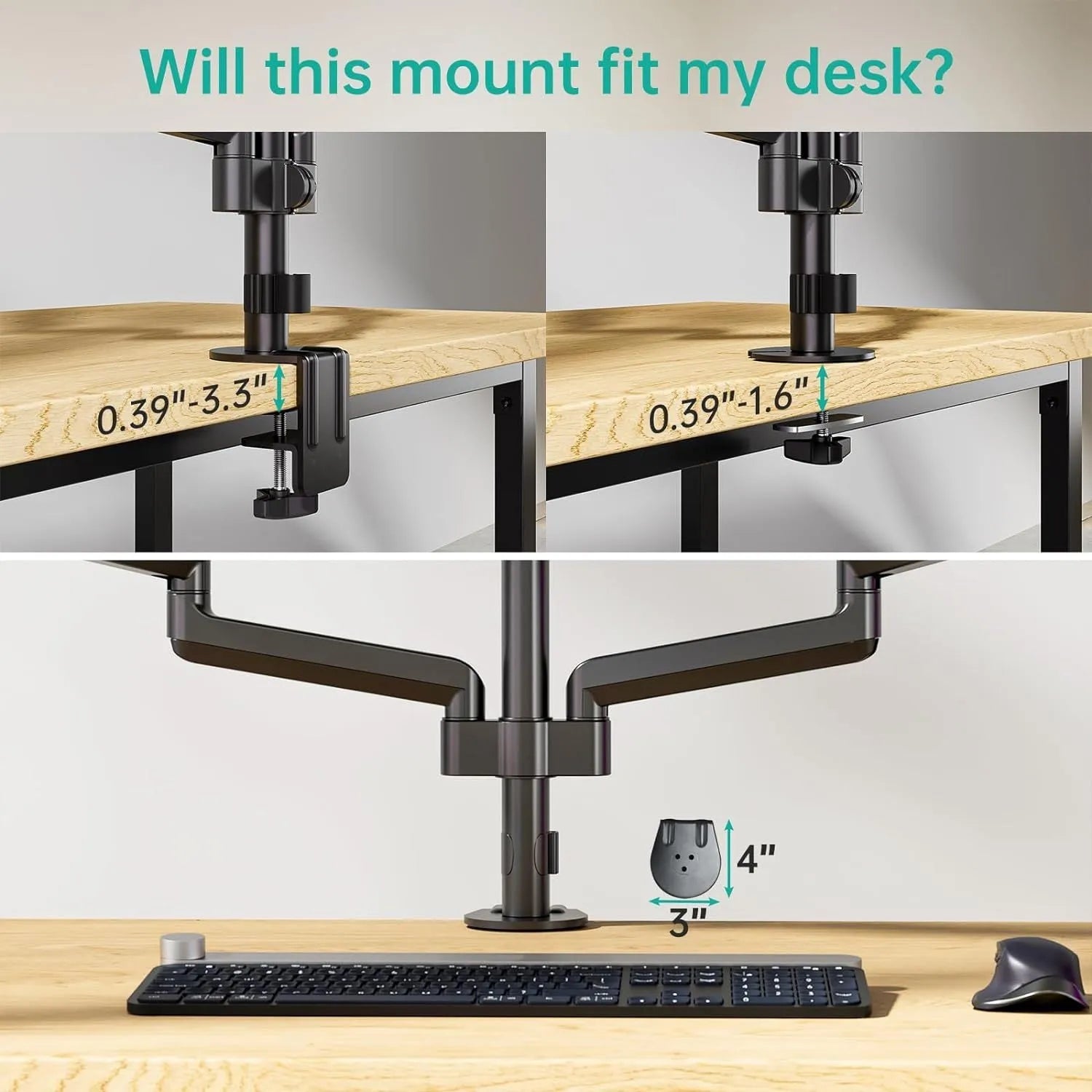 Black gas spring monitor arm with three aluminium arms supporting 27-inch computer screen