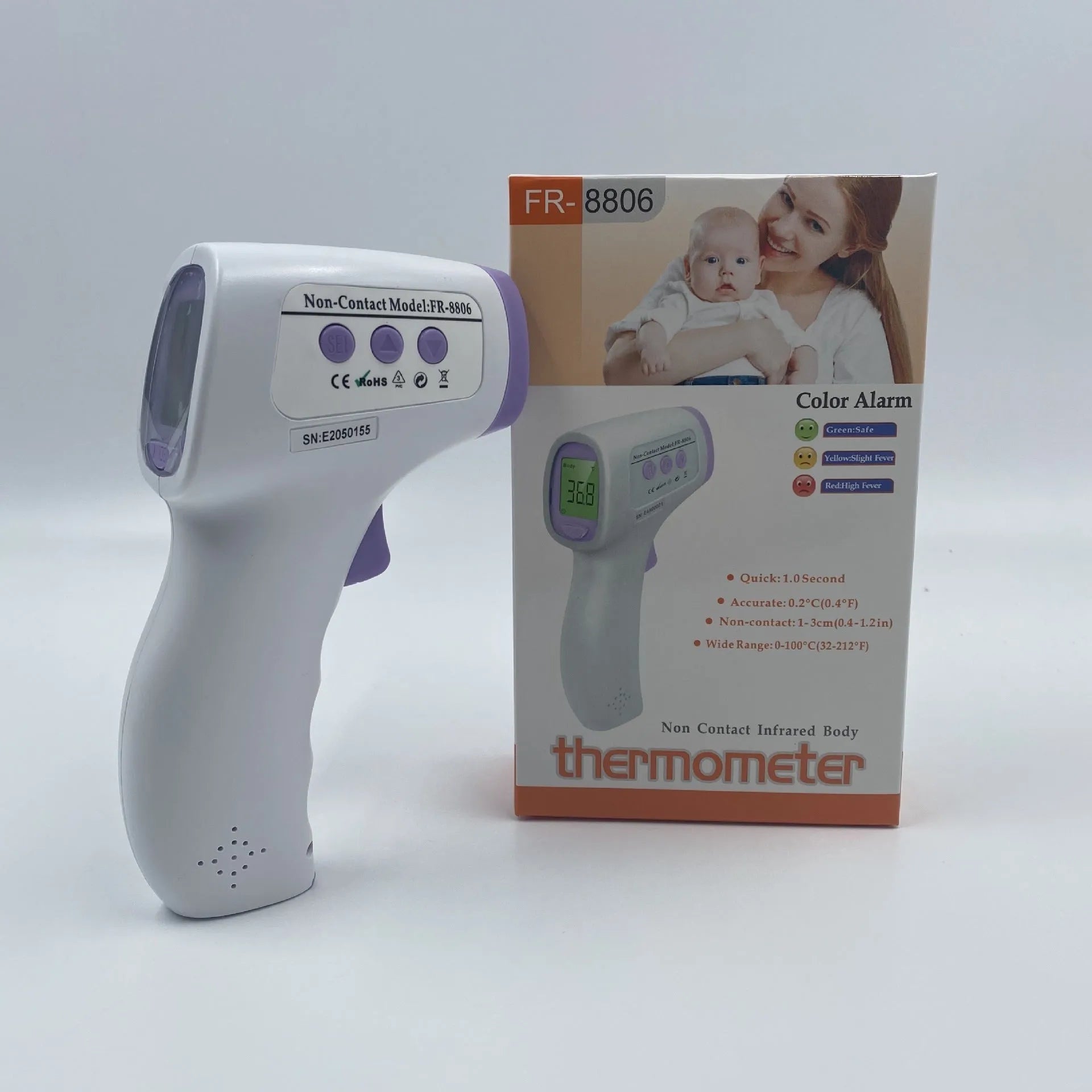 White digital non-contact thermometer with electronic display for temperature measurement