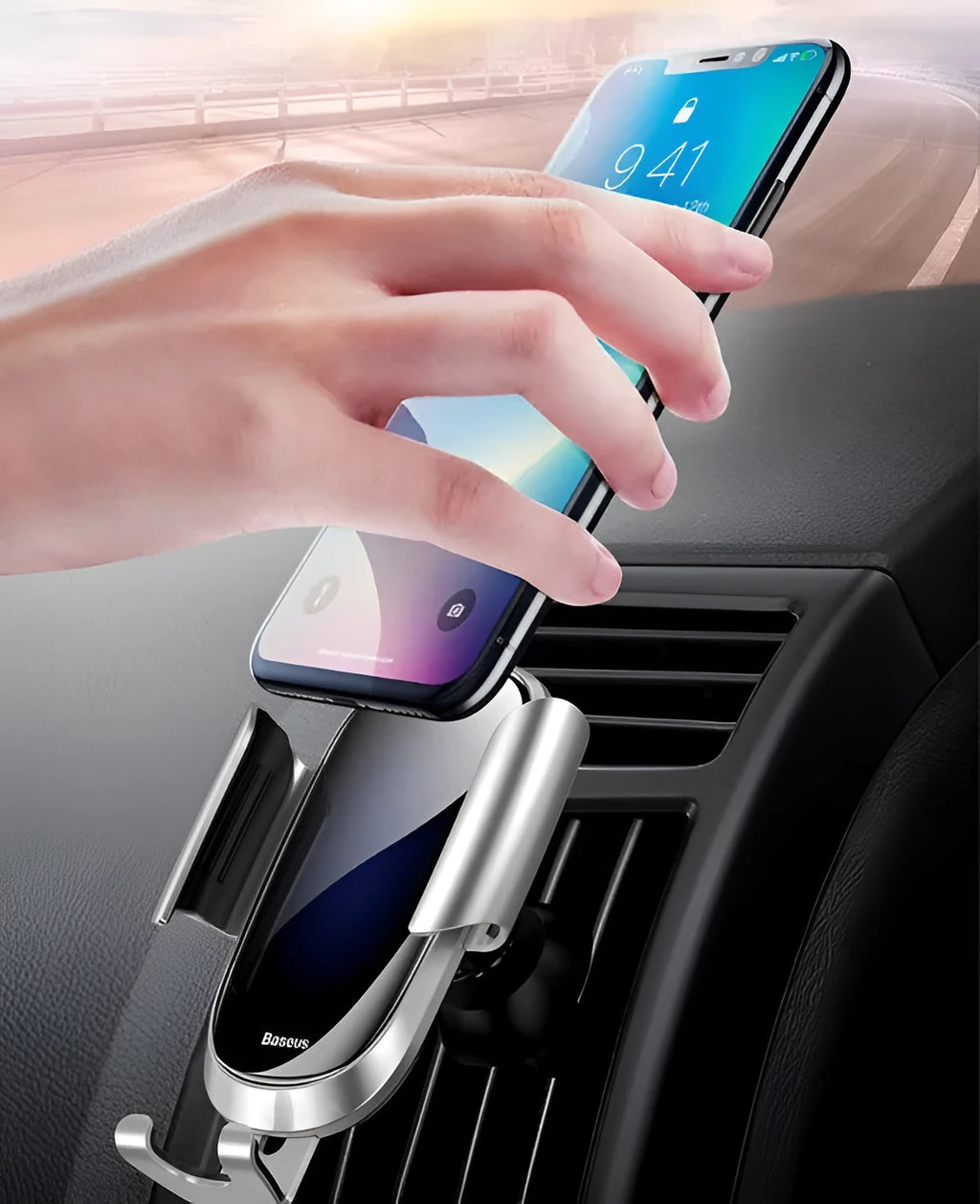 Universal smart car bracket phone holder in black, blue, and silvery colours with adjustable clamp.