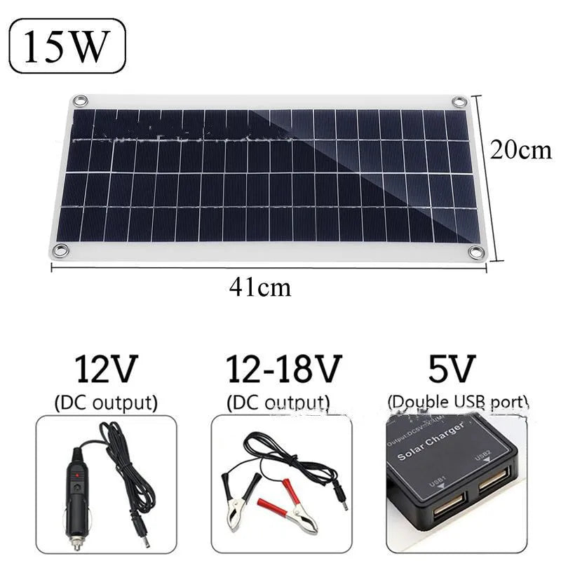 Portable polycrystalline solar panel with dual USB ports for outdoor device charging.