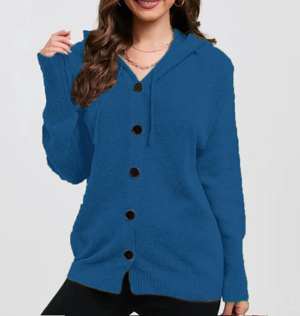Women's thick cotton hooded cardigan sweater in loose fit, shown in Army Green colour.