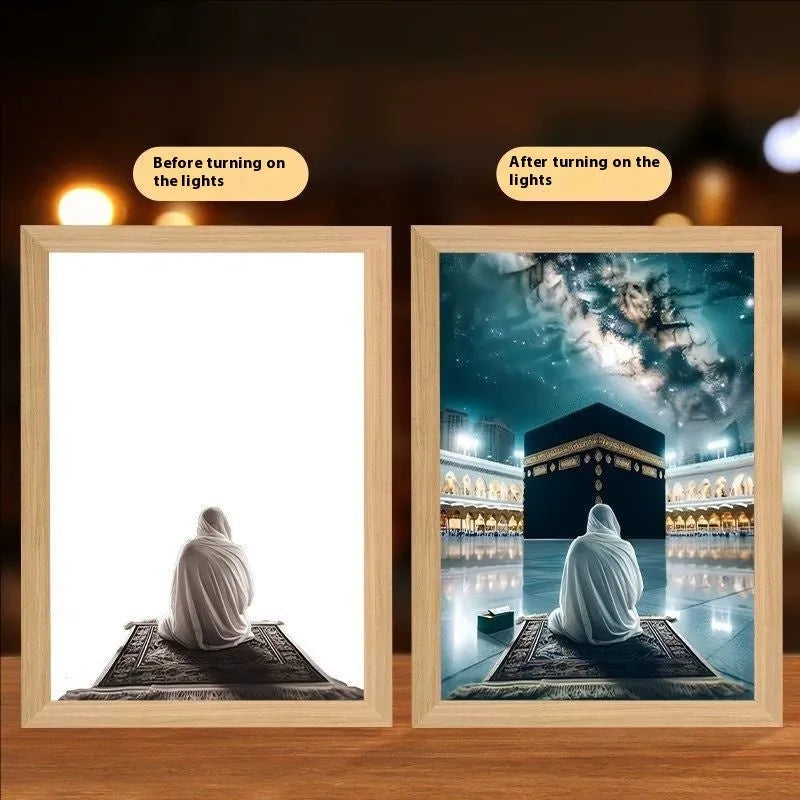 Modern rectangular LED photo frame displaying changeable sea scene artwork with built-in illumination