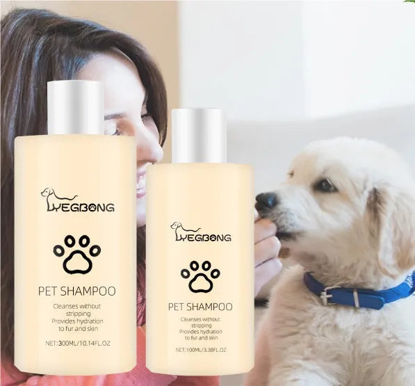 Bottle of mild pet shampoo for cats and dogs, shown in 100ml and 300ml sizes.