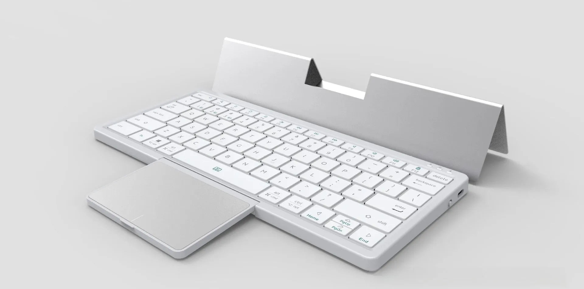 Black and grey three-in-one wireless Bluetooth keyboard with touch pad and leather sheath stand for iPad.