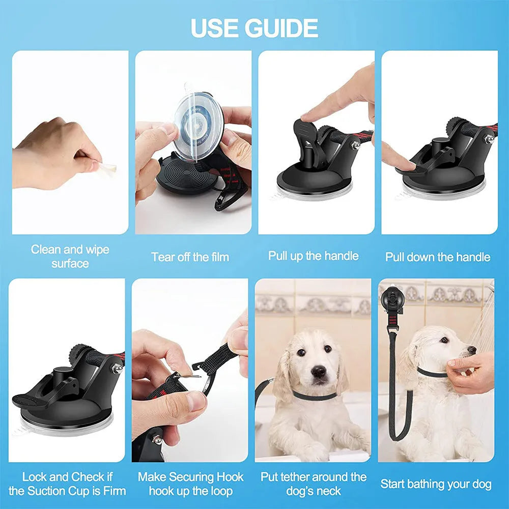 Pet bathing restraint tool with large suction cups, handcuffs, and a connecting rope on a bathroom tile background.