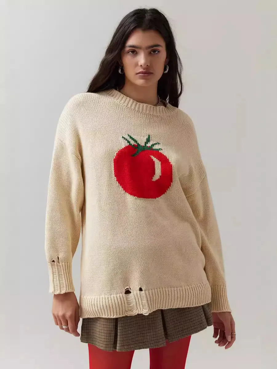 Women's loose-fitting acrylic pullover sweater with Jacquard texture in milky white