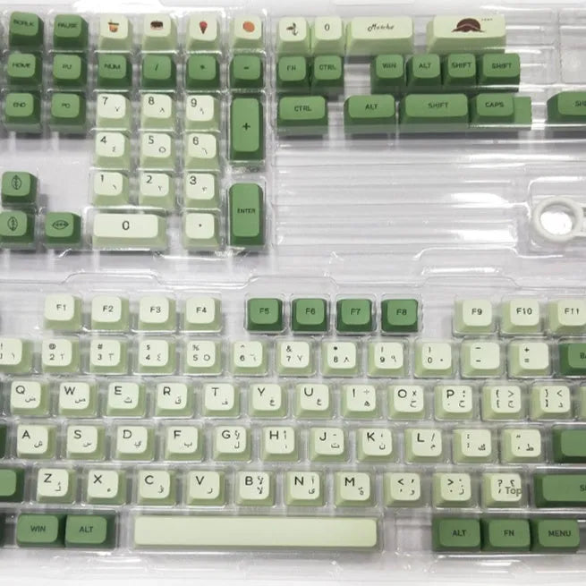 Matcha green PBT keycap set with 124 keys for mechanical keyboards, showing sublimation dye legends.