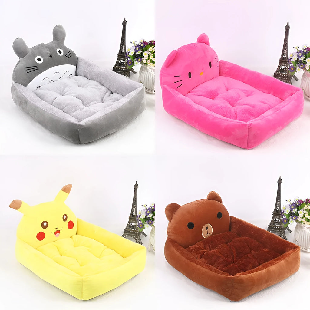 Blue cartoon-style sofa pet bed with a removable padded cushion for a small dog or cat.