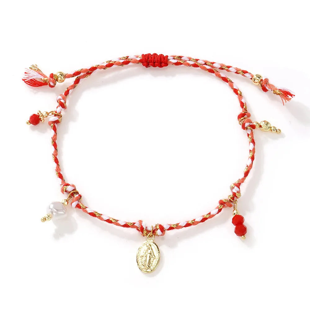 Hand-woven colourful braided rope bracelet with adjustable knot and decorative strap tag