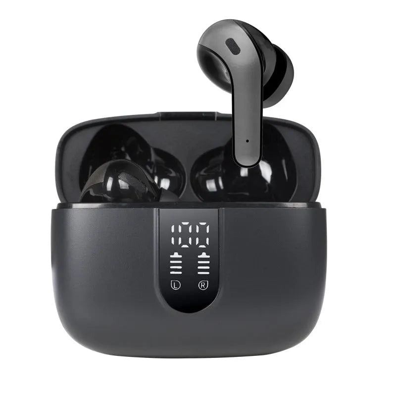 Jerry X08 wireless Bluetooth earbuds in black with digital display and charging case.
