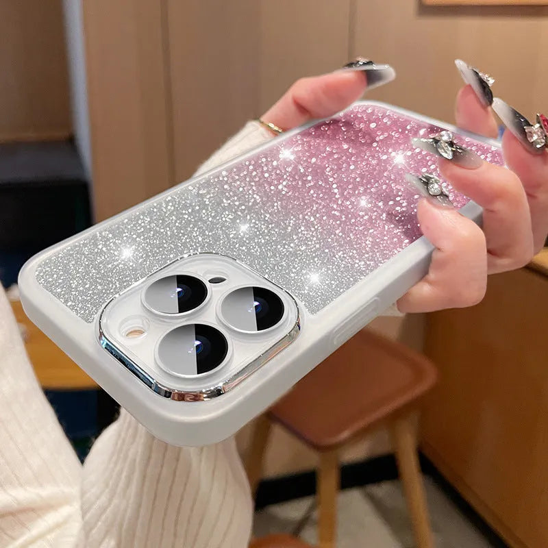 Transparent glitter silver iPhone case with magnetic ring on a smartphone.